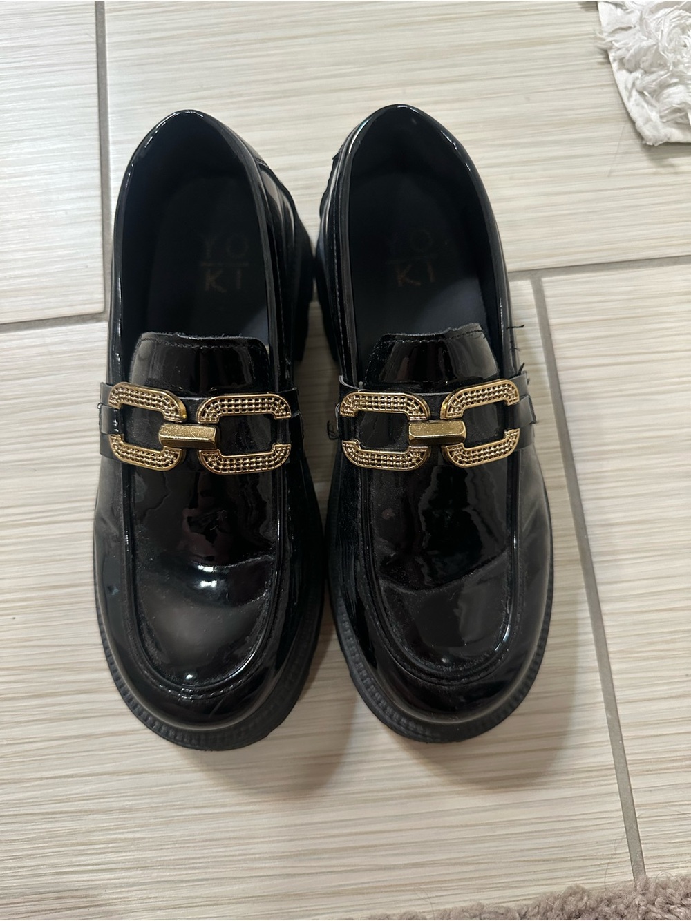 Black Patent Loafers with Gold Chain Accent